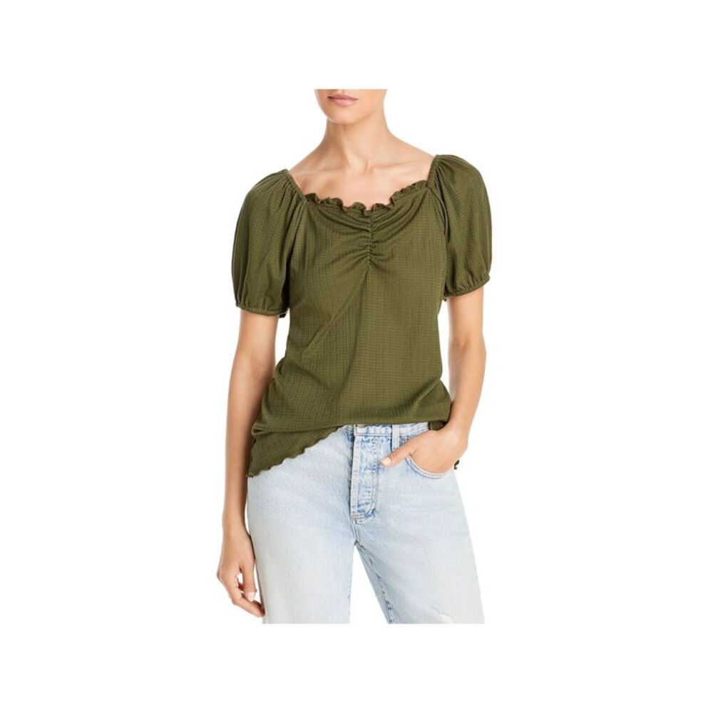 STATUS BY CHENAULT Womens Green Stretch Scalloped Pouf Sleeve Off Shoulder Top M